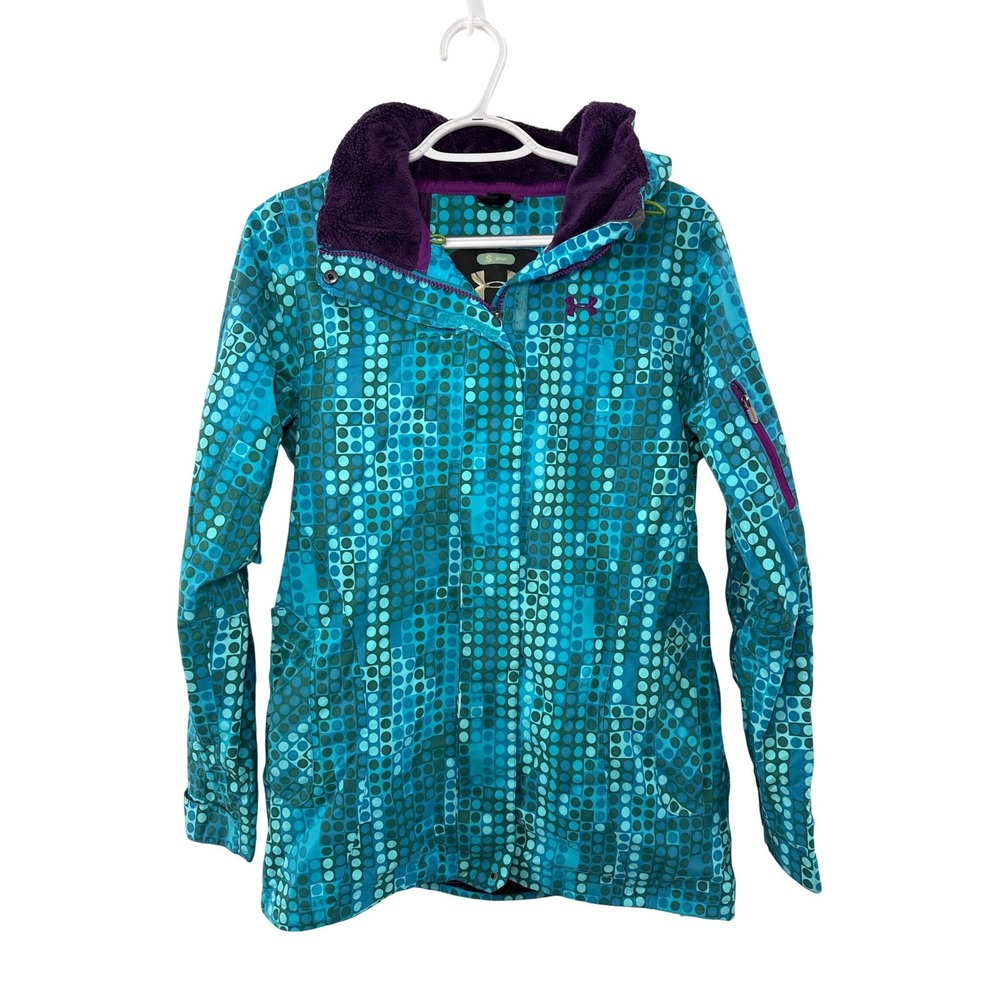 Under Armour Womens Small Teal Blue Geometric Dot Hooded Ski‎ Snowboard Jacket